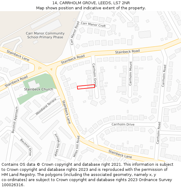 14, CARRHOLM GROVE, LEEDS, LS7 2NR: Location map and indicative extent of plot