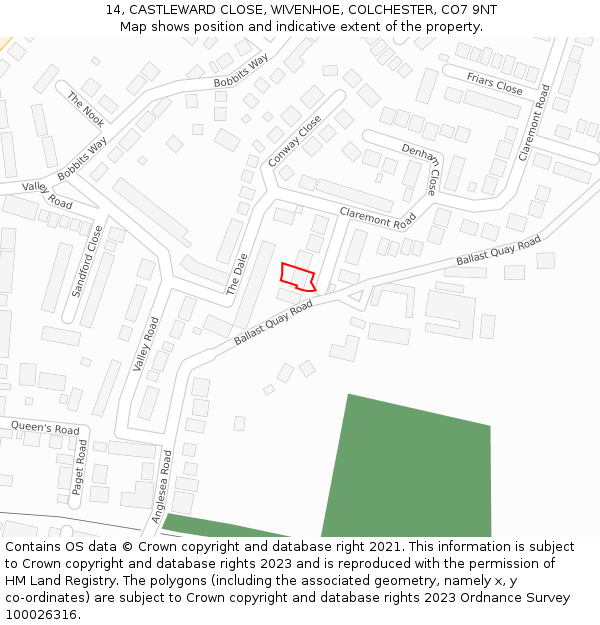 14, CASTLEWARD CLOSE, WIVENHOE, COLCHESTER, CO7 9NT: Location map and indicative extent of plot