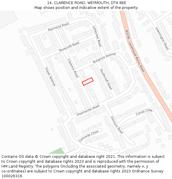14, CLARENCE ROAD, WEYMOUTH, DT4 9EE: Location map and indicative extent of plot