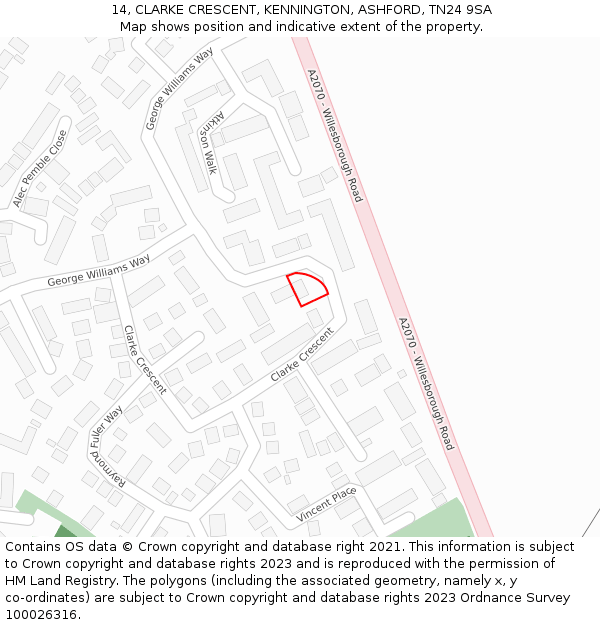 14, CLARKE CRESCENT, KENNINGTON, ASHFORD, TN24 9SA: Location map and indicative extent of plot