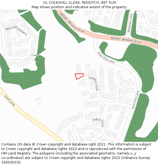 14, COLESHILL CLOSE, REDDITCH, B97 5UN: Location map and indicative extent of plot