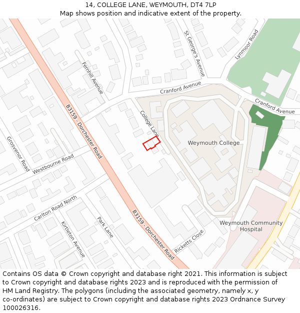 14, COLLEGE LANE, WEYMOUTH, DT4 7LP: Location map and indicative extent of plot