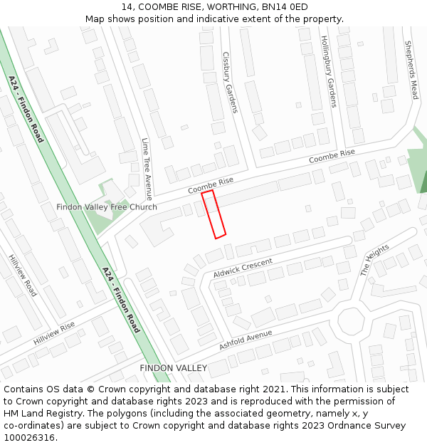 14, COOMBE RISE, WORTHING, BN14 0ED: Location map and indicative extent of plot