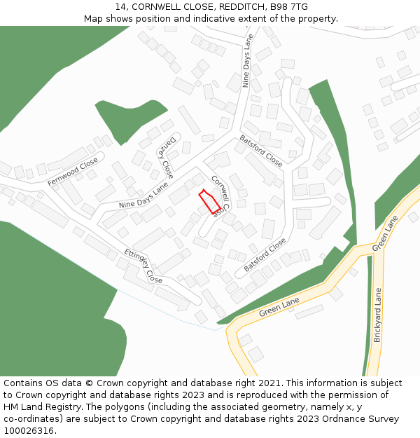 14, CORNWELL CLOSE, REDDITCH, B98 7TG: Location map and indicative extent of plot