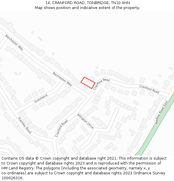 14, CRANFORD ROAD, TONBRIDGE, TN10 4HN: Location map and indicative extent of plot