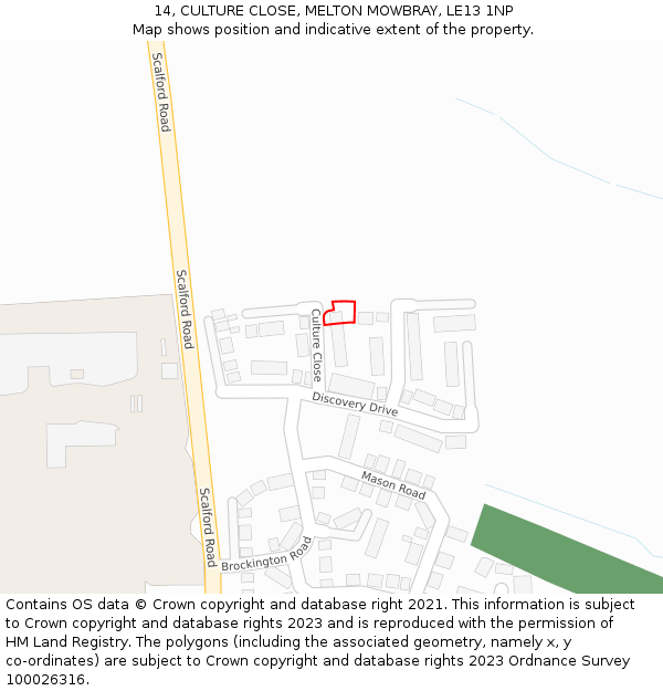 14, CULTURE CLOSE, MELTON MOWBRAY, LE13 1NP: Location map and indicative extent of plot