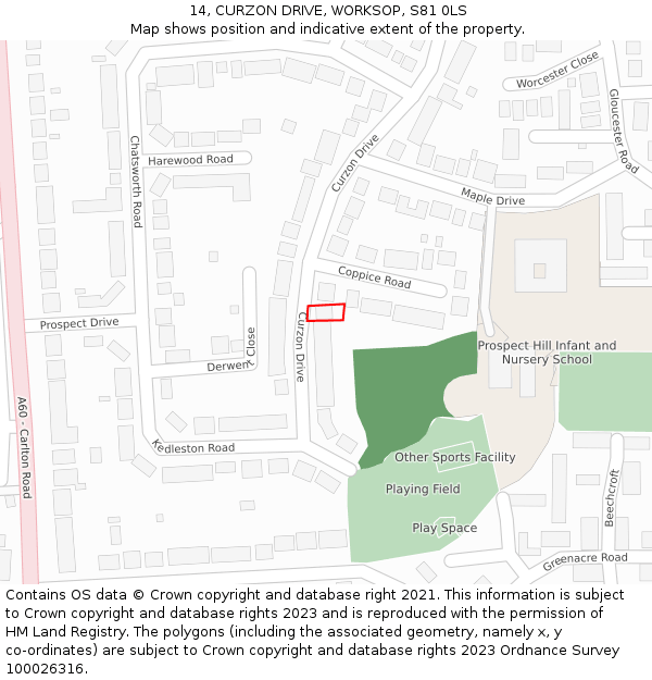 14, CURZON DRIVE, WORKSOP, S81 0LS: Location map and indicative extent of plot