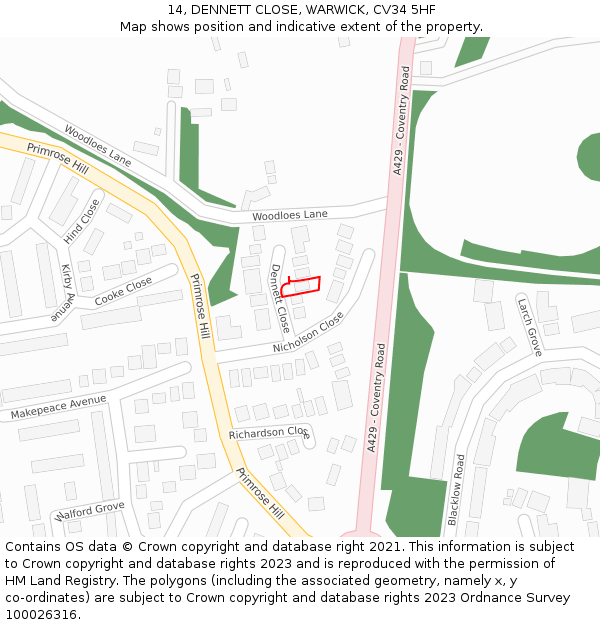 14, DENNETT CLOSE, WARWICK, CV34 5HF: Location map and indicative extent of plot