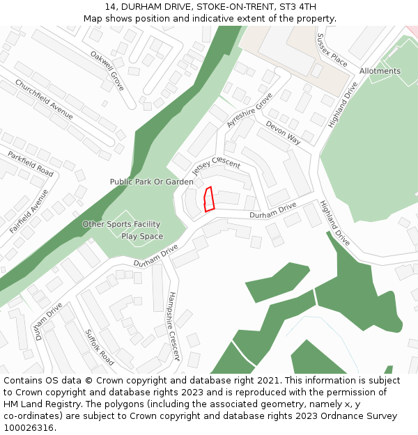 14, DURHAM DRIVE, STOKE-ON-TRENT, ST3 4TH: Location map and indicative extent of plot
