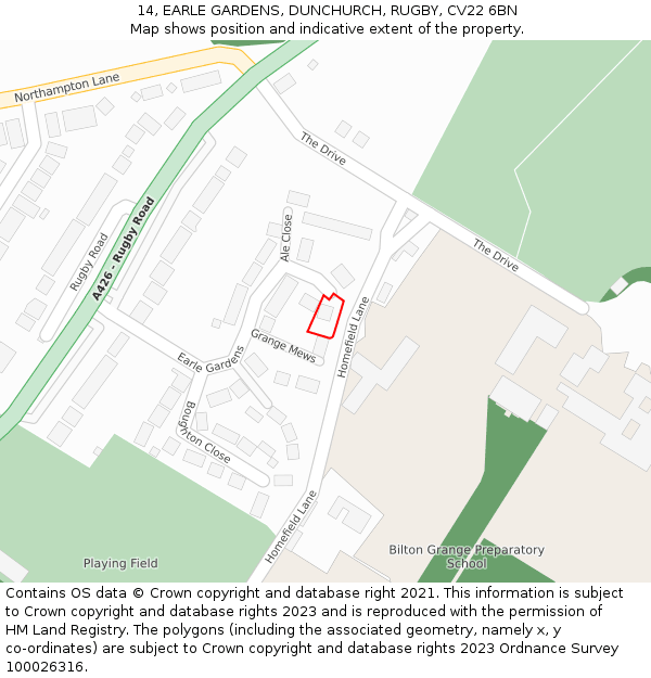 14, EARLE GARDENS, DUNCHURCH, RUGBY, CV22 6BN: Location map and indicative extent of plot