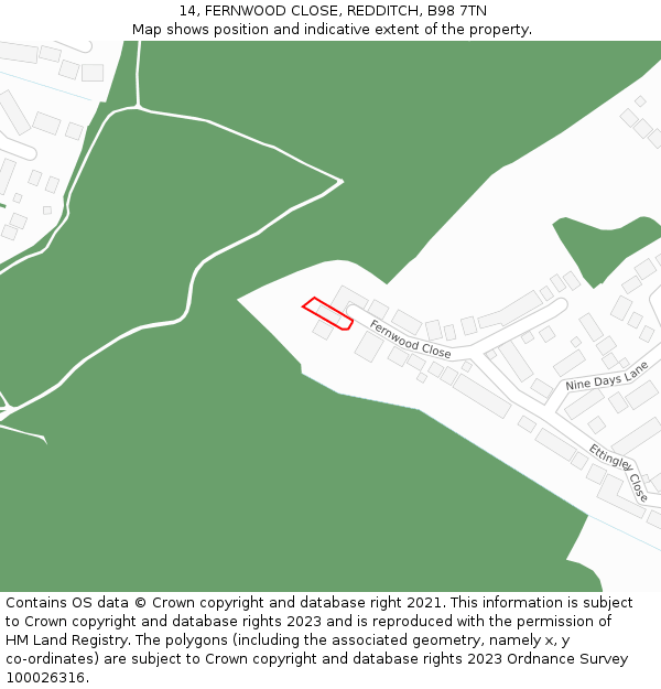 14, FERNWOOD CLOSE, REDDITCH, B98 7TN: Location map and indicative extent of plot