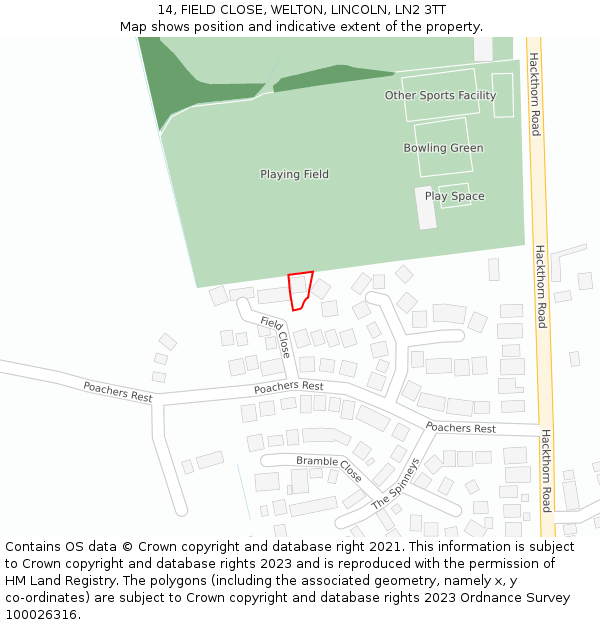 14, FIELD CLOSE, WELTON, LINCOLN, LN2 3TT: Location map and indicative extent of plot