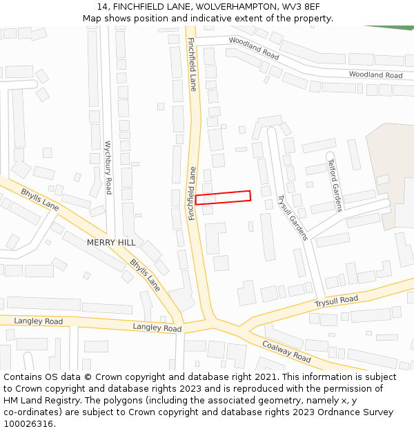 14, FINCHFIELD LANE, WOLVERHAMPTON, WV3 8EF: Location map and indicative extent of plot