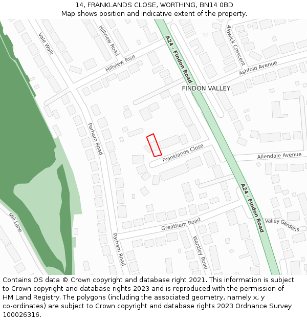 14, FRANKLANDS CLOSE, WORTHING, BN14 0BD: Location map and indicative extent of plot