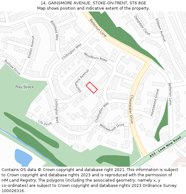 14, GAINSMORE AVENUE, STOKE-ON-TRENT, ST6 8GE: Location map and indicative extent of plot