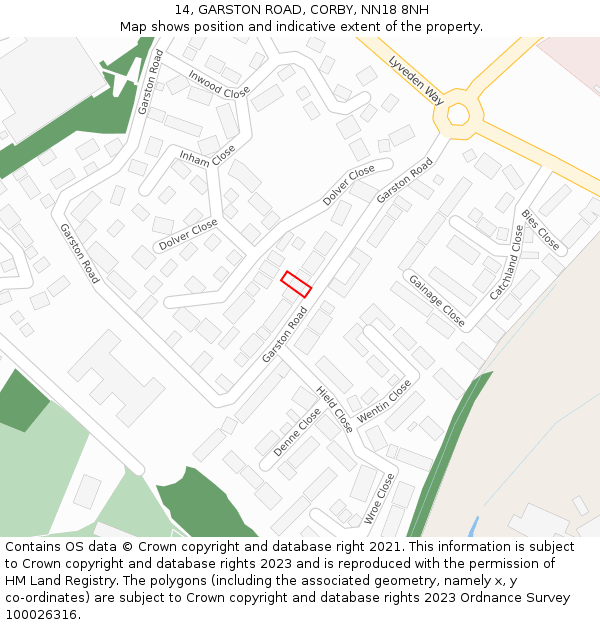 14, GARSTON ROAD, CORBY, NN18 8NH: Location map and indicative extent of plot