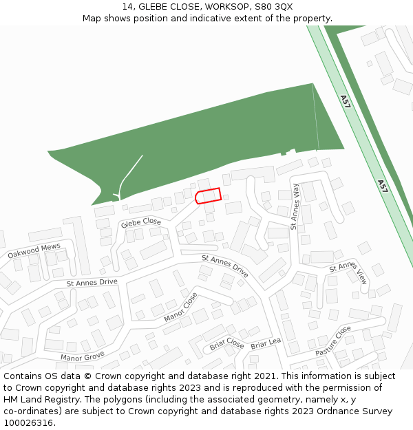 14, GLEBE CLOSE, WORKSOP, S80 3QX: Location map and indicative extent of plot