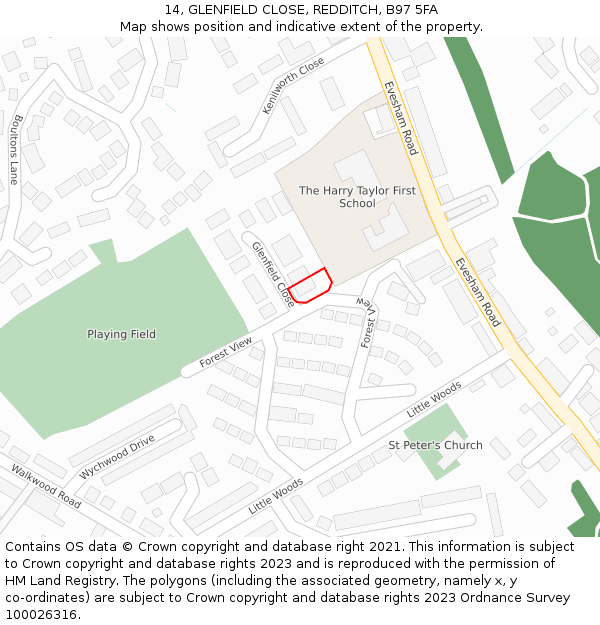 14, GLENFIELD CLOSE, REDDITCH, B97 5FA: Location map and indicative extent of plot