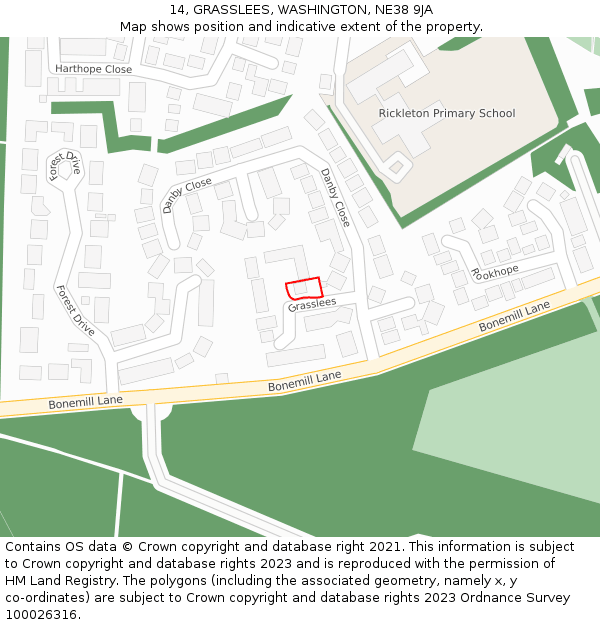 14, GRASSLEES, WASHINGTON, NE38 9JA: Location map and indicative extent of plot