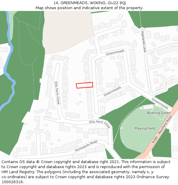 14, GREENMEADS, WOKING, GU22 9QJ: Location map and indicative extent of plot