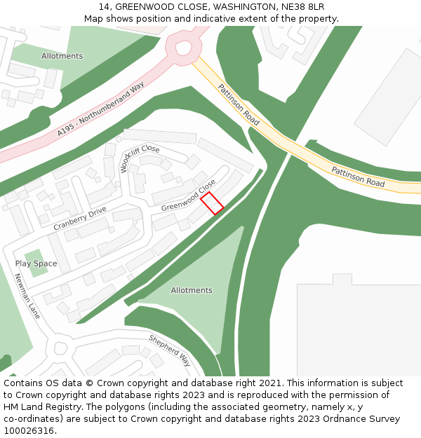 14, GREENWOOD CLOSE, WASHINGTON, NE38 8LR: Location map and indicative extent of plot