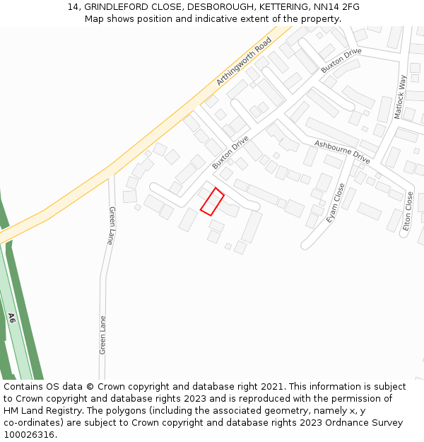 14, GRINDLEFORD CLOSE, DESBOROUGH, KETTERING, NN14 2FG: Location map and indicative extent of plot