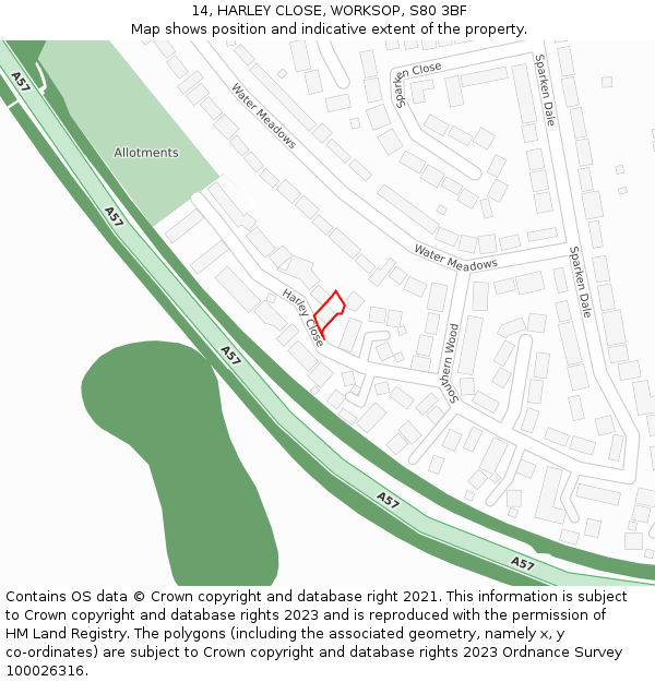 14, HARLEY CLOSE, WORKSOP, S80 3BF: Location map and indicative extent of plot