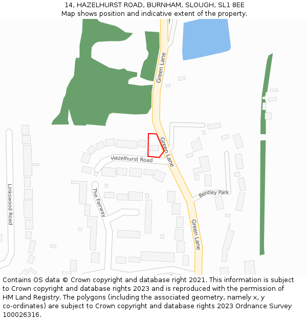 14, HAZELHURST ROAD, BURNHAM, SLOUGH, SL1 8EE: Location map and indicative extent of plot