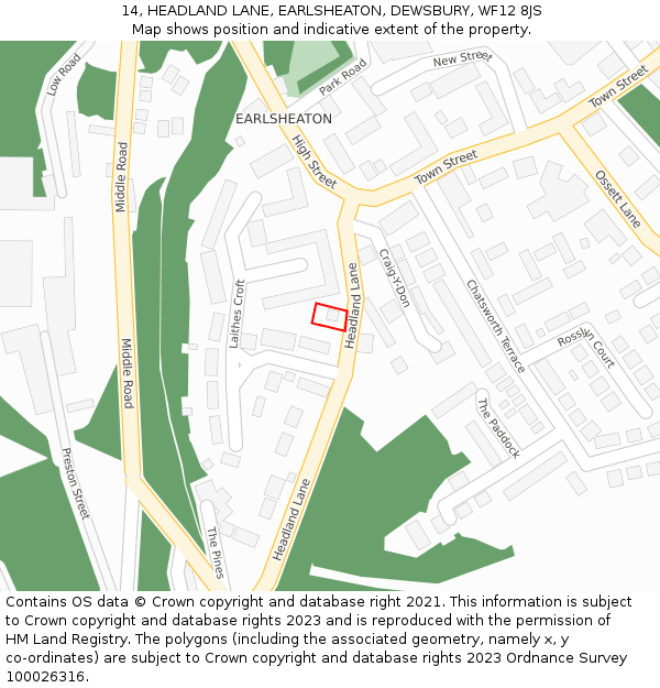 14, HEADLAND LANE, EARLSHEATON, DEWSBURY, WF12 8JS: Location map and indicative extent of plot