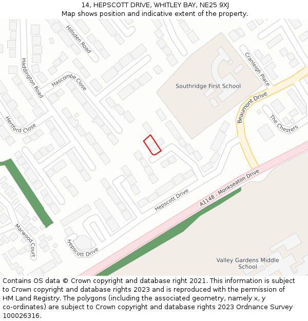 14, HEPSCOTT DRIVE, WHITLEY BAY, NE25 9XJ: Location map and indicative extent of plot