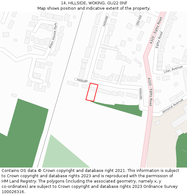 14, HILLSIDE, WOKING, GU22 0NF: Location map and indicative extent of plot