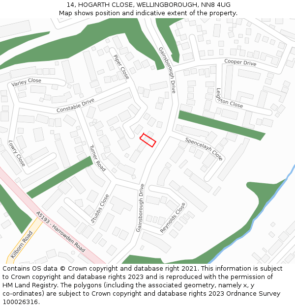 14, HOGARTH CLOSE, WELLINGBOROUGH, NN8 4UG: Location map and indicative extent of plot