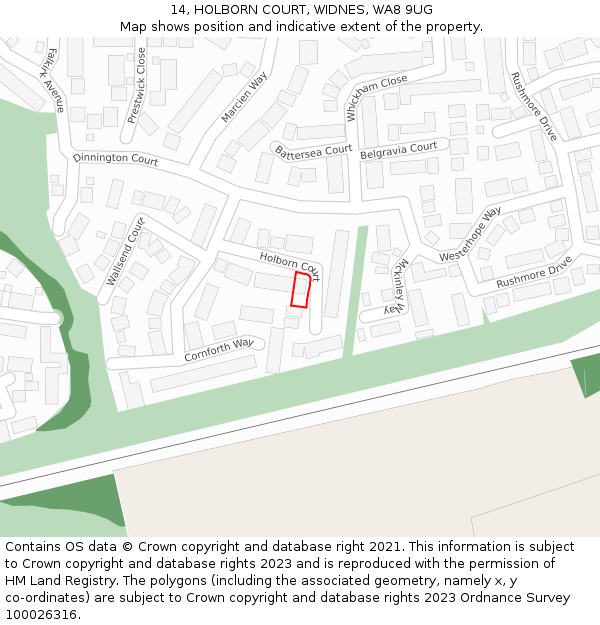 14, HOLBORN COURT, WIDNES, WA8 9UG: Location map and indicative extent of plot