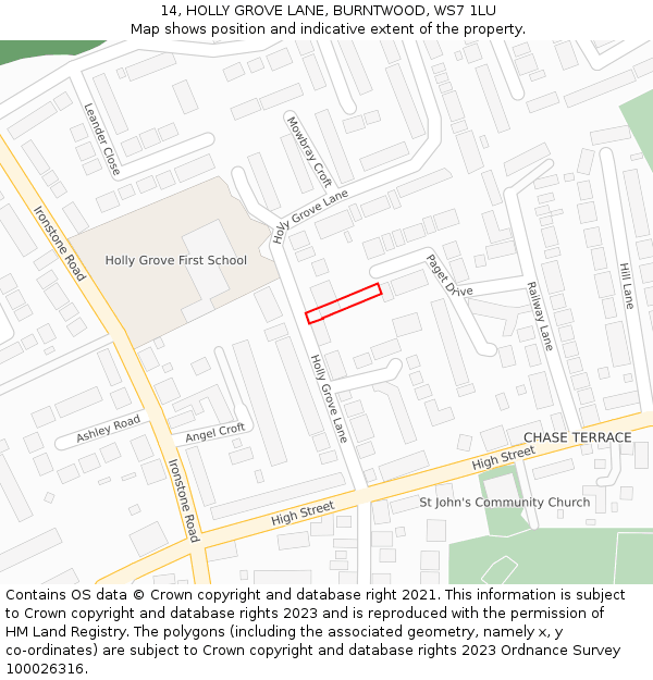 14, HOLLY GROVE LANE, BURNTWOOD, WS7 1LU: Location map and indicative extent of plot