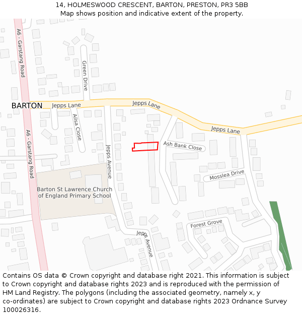 14, HOLMESWOOD CRESCENT, BARTON, PRESTON, PR3 5BB: Location map and indicative extent of plot