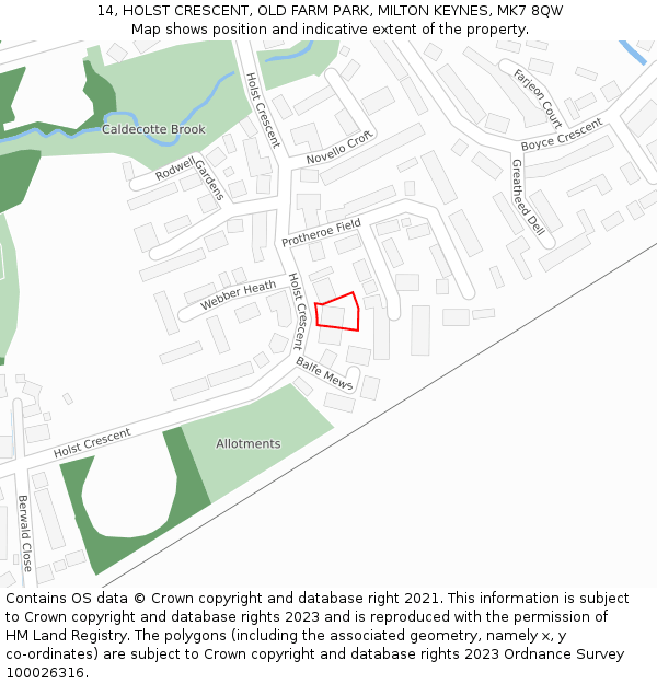 14, HOLST CRESCENT, OLD FARM PARK, MILTON KEYNES, MK7 8QW: Location map and indicative extent of plot