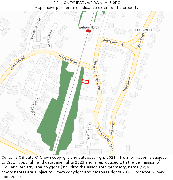14, HONEYMEAD, WELWYN, AL6 0EG: Location map and indicative extent of plot