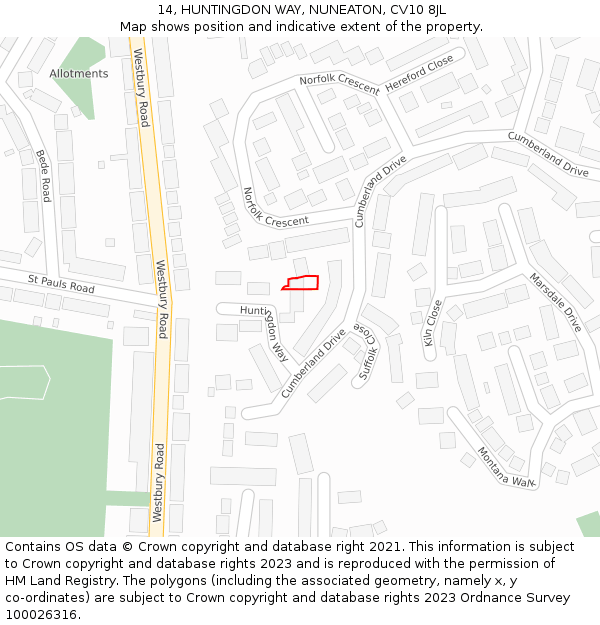 14, HUNTINGDON WAY, NUNEATON, CV10 8JL: Location map and indicative extent of plot