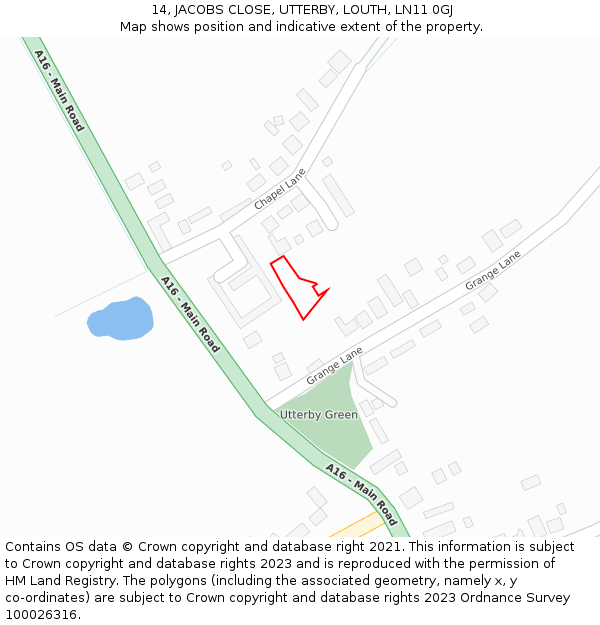 14, JACOBS CLOSE, UTTERBY, LOUTH, LN11 0GJ: Location map and indicative extent of plot