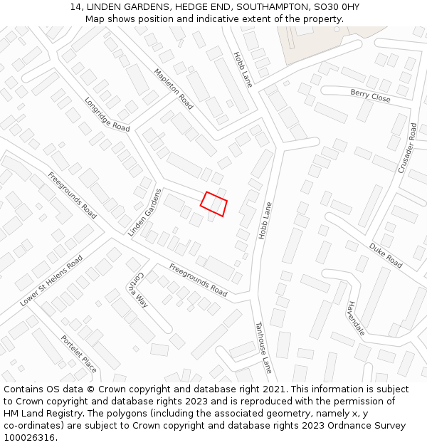 14, LINDEN GARDENS, HEDGE END, SOUTHAMPTON, SO30 0HY: Location map and indicative extent of plot