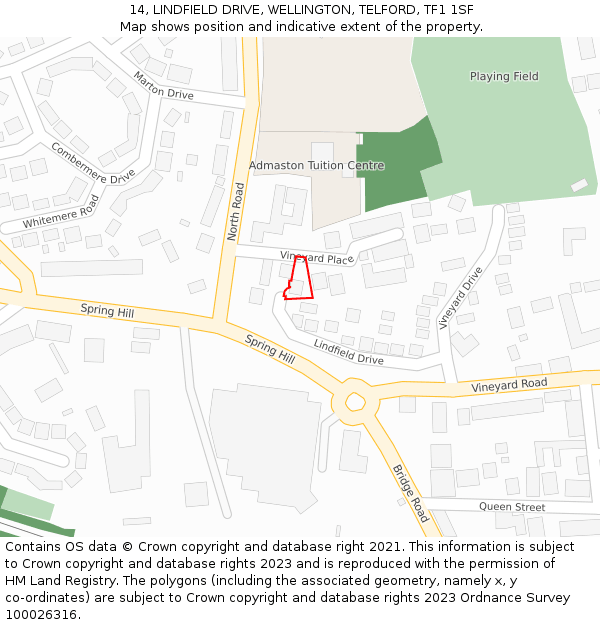 14, LINDFIELD DRIVE, WELLINGTON, TELFORD, TF1 1SF: Location map and indicative extent of plot
