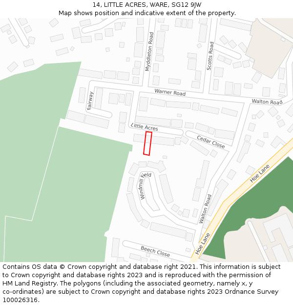 14, LITTLE ACRES, WARE, SG12 9JW: Location map and indicative extent of plot