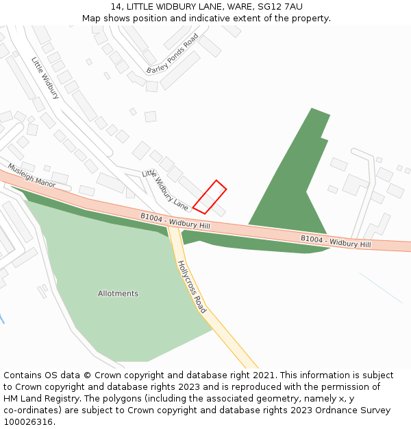 14, LITTLE WIDBURY LANE, WARE, SG12 7AU: Location map and indicative extent of plot