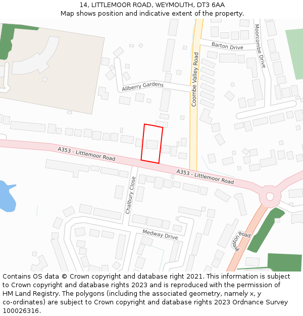 14, LITTLEMOOR ROAD, WEYMOUTH, DT3 6AA: Location map and indicative extent of plot