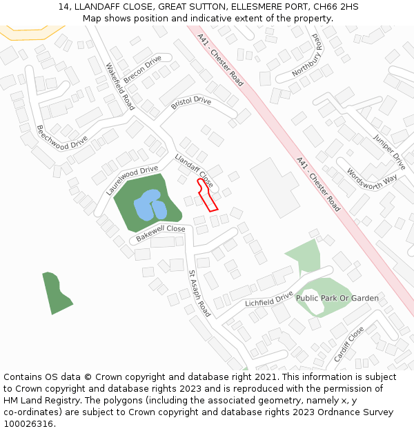 14, LLANDAFF CLOSE, GREAT SUTTON, ELLESMERE PORT, CH66 2HS: Location map and indicative extent of plot