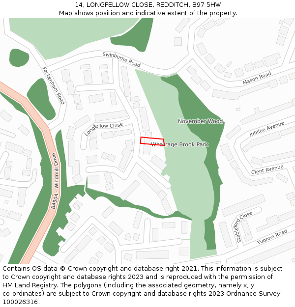 14, LONGFELLOW CLOSE, REDDITCH, B97 5HW: Location map and indicative extent of plot