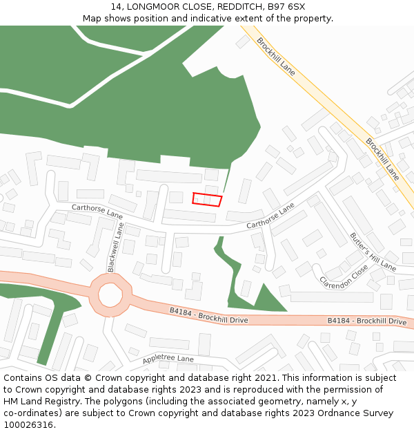14, LONGMOOR CLOSE, REDDITCH, B97 6SX: Location map and indicative extent of plot