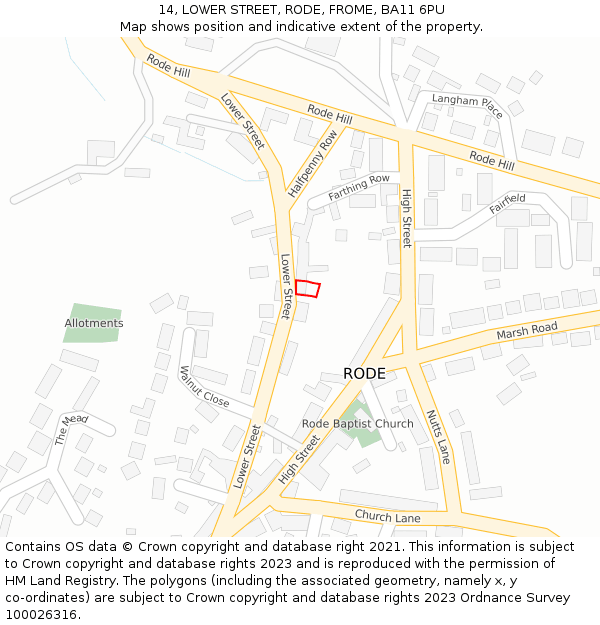 14, LOWER STREET, RODE, FROME, BA11 6PU: Location map and indicative extent of plot