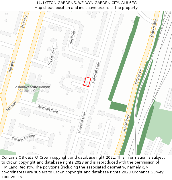 14, LYTTON GARDENS, WELWYN GARDEN CITY, AL8 6EG: Location map and indicative extent of plot