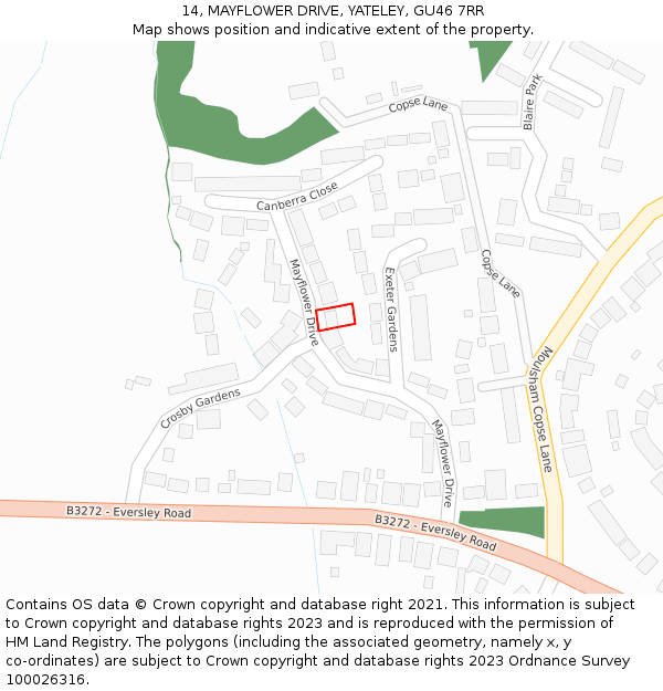 14, MAYFLOWER DRIVE, YATELEY, GU46 7RR: Location map and indicative extent of plot